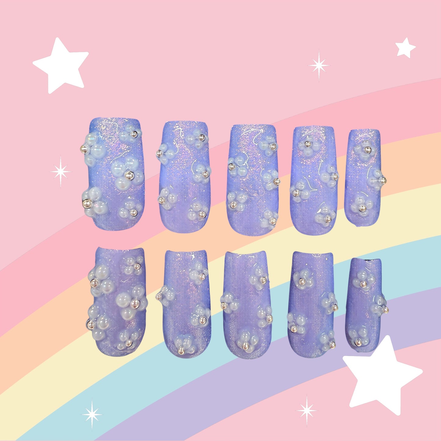 Pearlized lavender square nails with pearl flowers