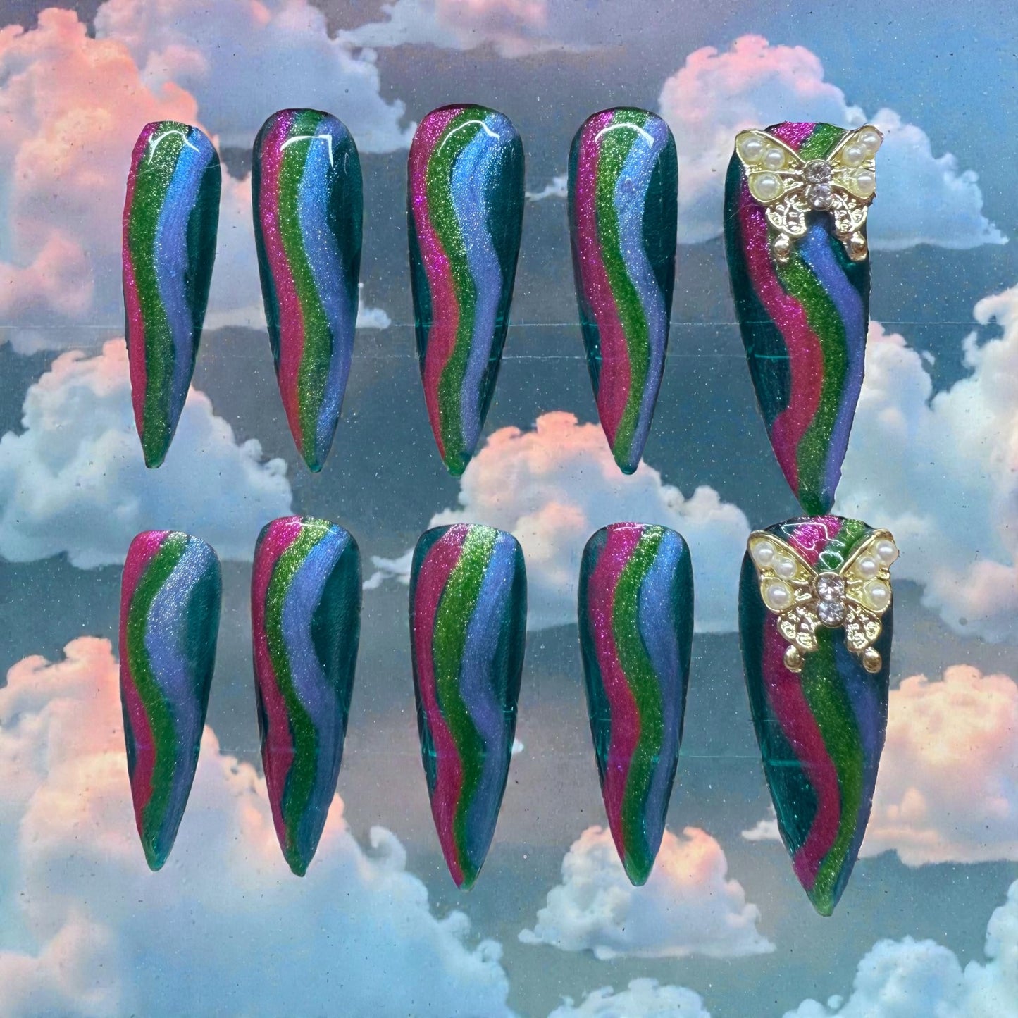 Swerved Colors w/ Gold Butterflies (long stiletto)