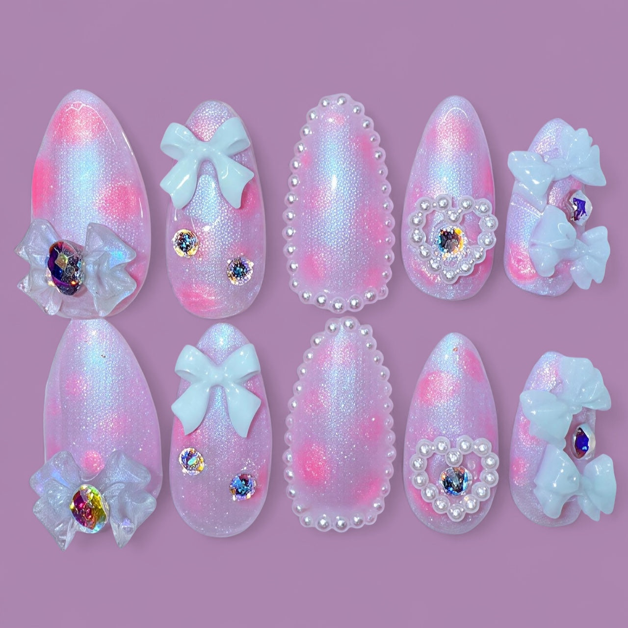 Pink and Purple Pearls and Bows (med almond)