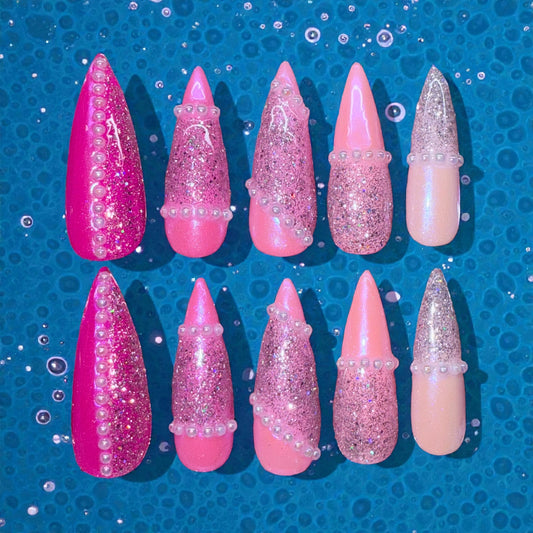 5 Pinks, glitter and pearls (long stilettos)