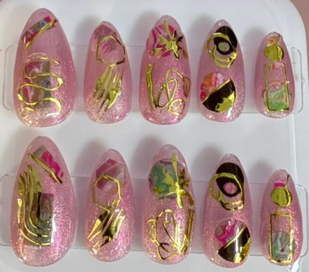 Light Pink almond shaped geometric design nails