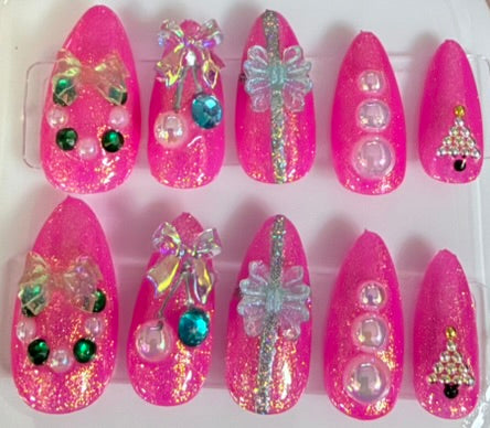 Pink almond shaped Christmas nails