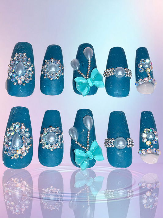 Teal Gems (med stiletto) all stones and beads are hand placed 1 at a time