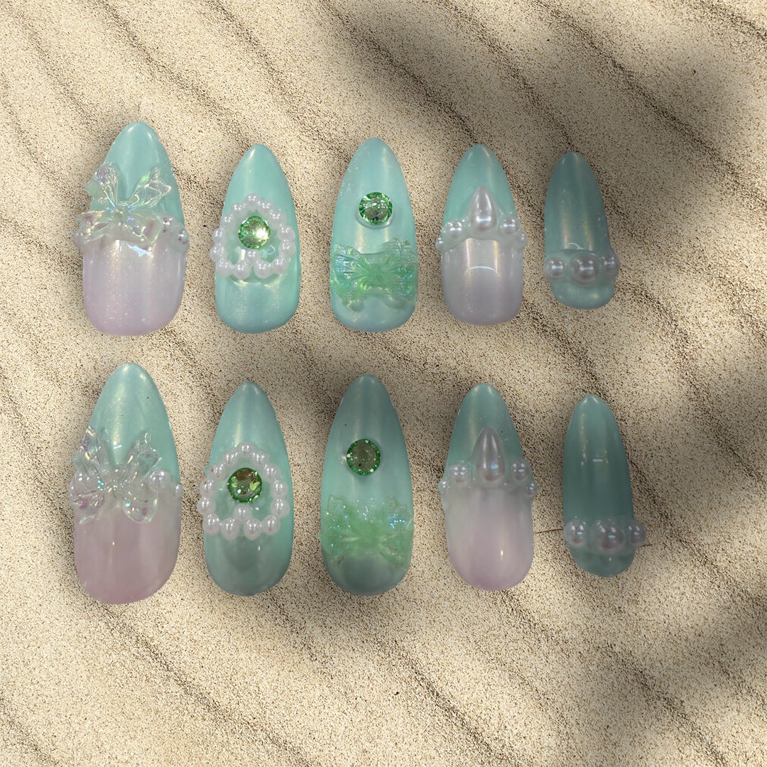 Green and White w/ Pearls (med almond)