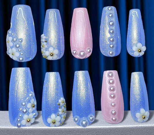 Blue and Pink w/pearls and Flowers (med Coffin)