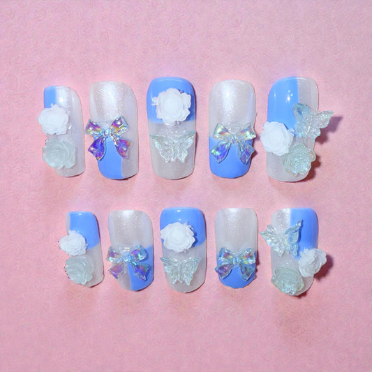Frosty Blue Flowers and Bows (medium square)