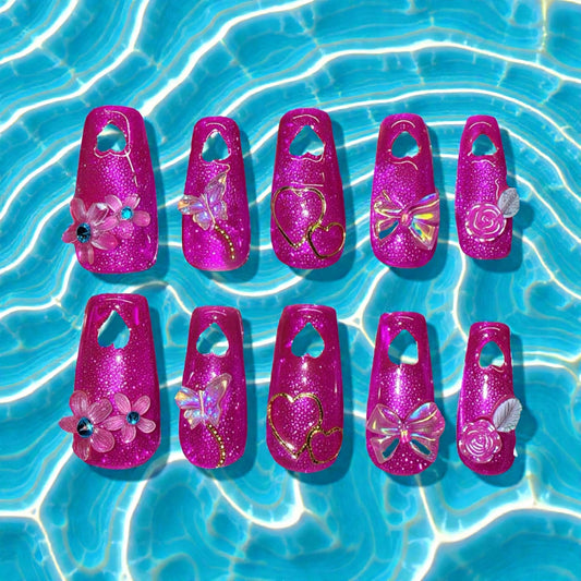 Magenta Nails with Heart Cut Out at Tip (med coffin)