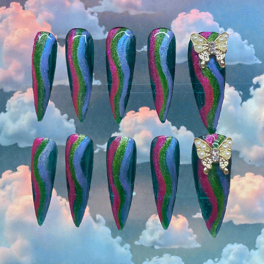 Swerved Colors w/ Gold Butterflies (long stiletto)