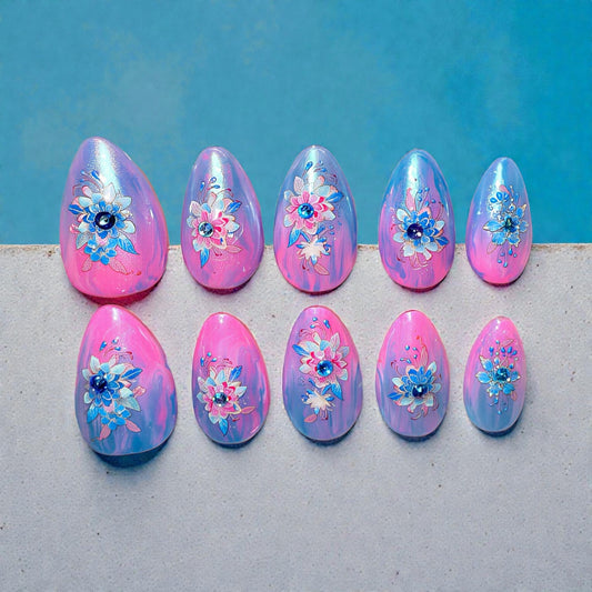 Pink and Blue Flower (very short almond)