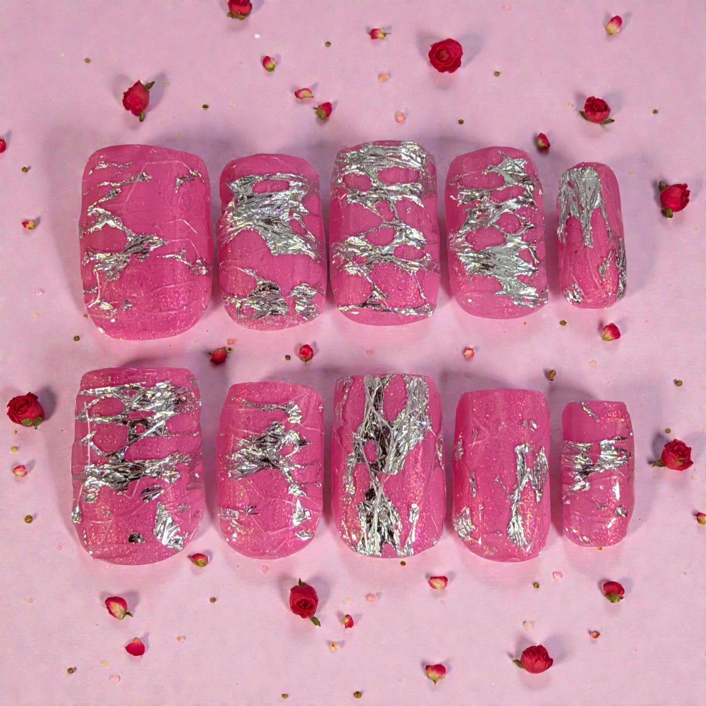 Pink and silver mesh short square nails