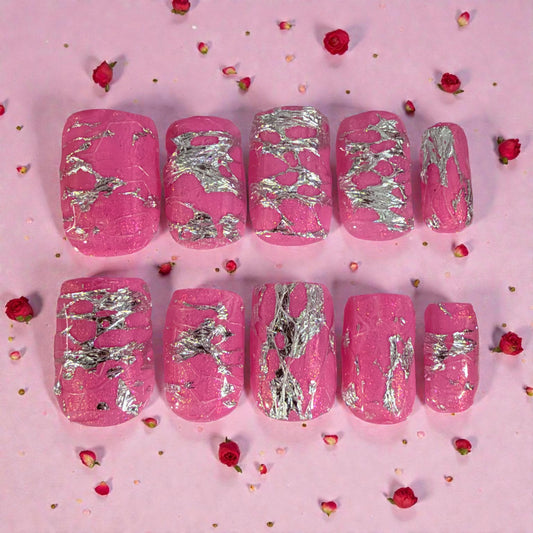Pink and silver mesh short square nails