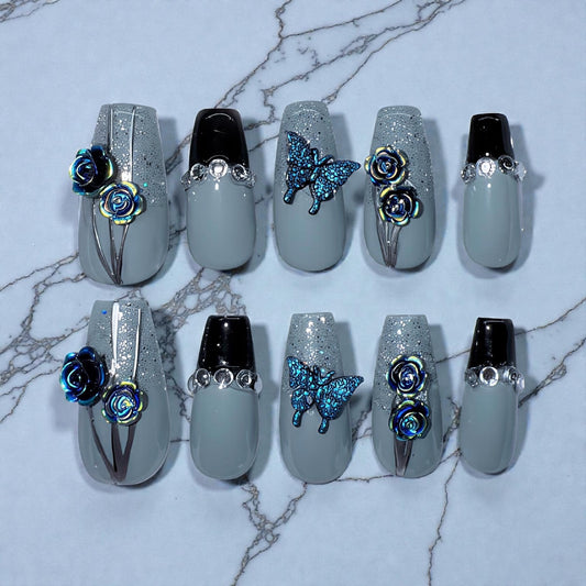 Grey and Black Flowers (med coffin)